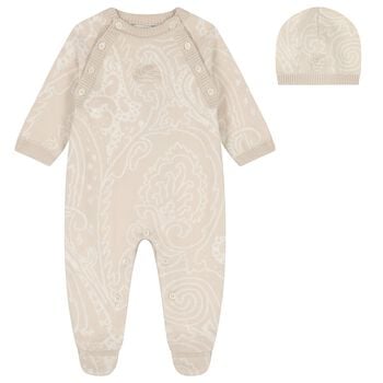 Beige Logo Paisley Knitted Babygrow Gift Set