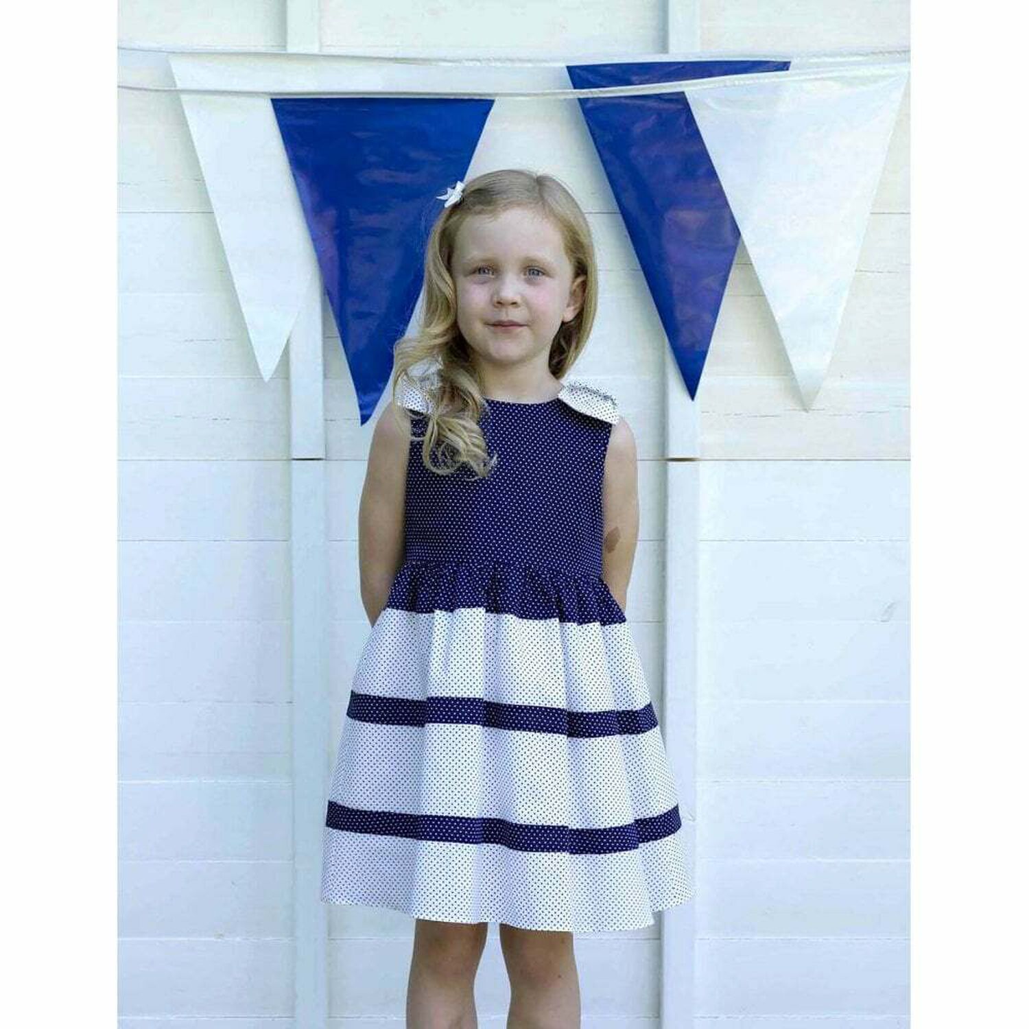 Girls Navy & White Polka Dots Dress, 1, hi-res image number null