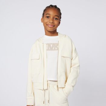 جاكيت باللون الأبيض بأكمام طويلة بشعار للبنات