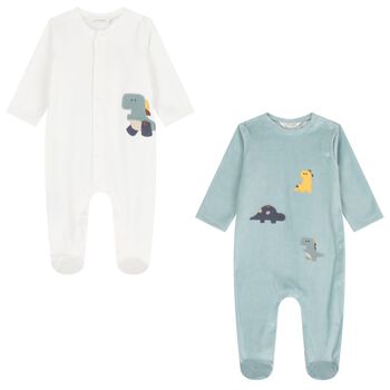 Baby Boys White & Green Dinosaur Babygrows ( 2-Pack )