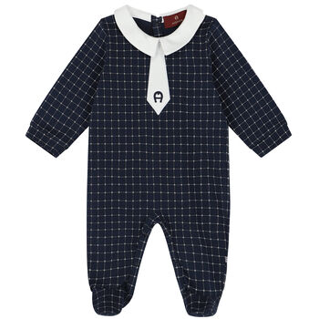 Baby Boys Navy Blue Pima Cotton Logo Babygrow