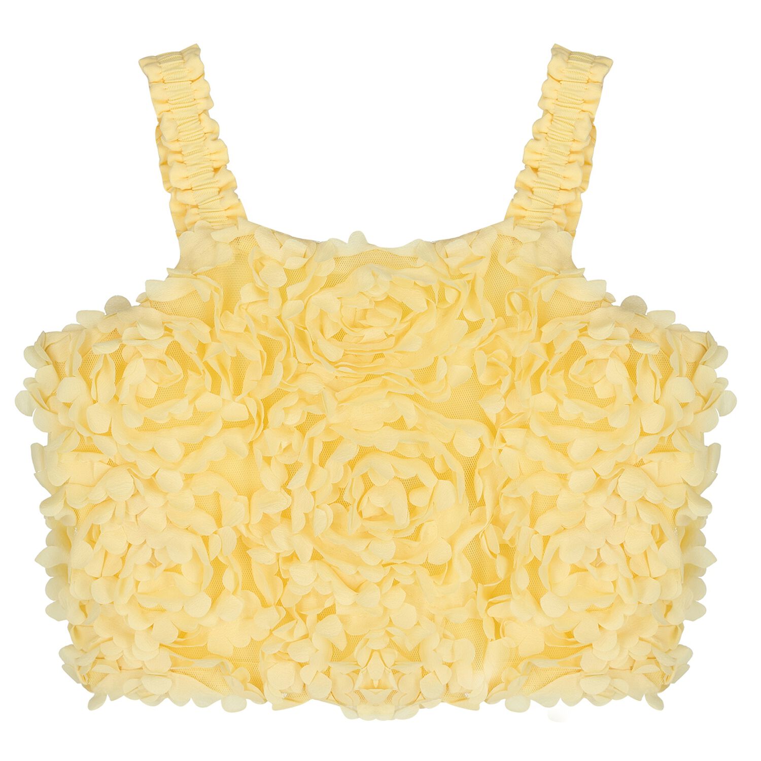 Girls Yellow Flower Tulle Sleeveless Top, 1, hi-res