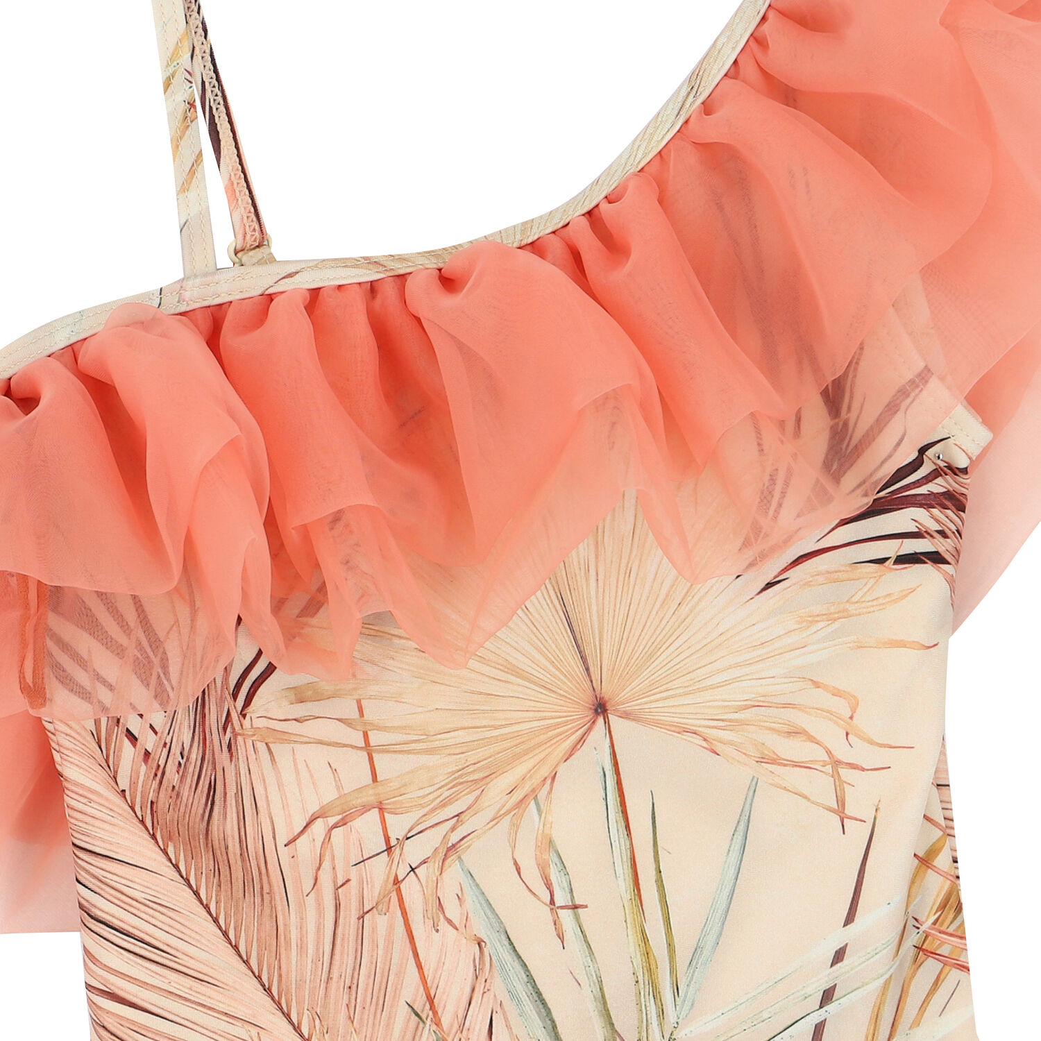 Girls Orange Palm Leaves Swimsuit, 1, hi-res