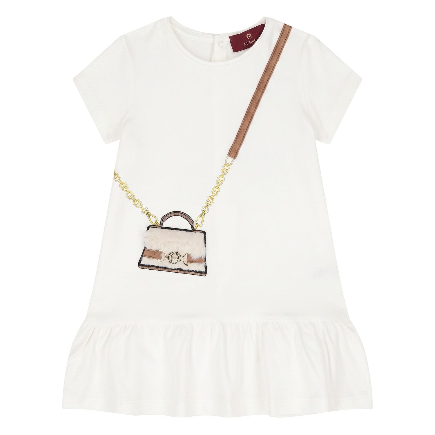 Younger Girls Ivory Faux Fur Bag Logo Dress, 2, hi-res