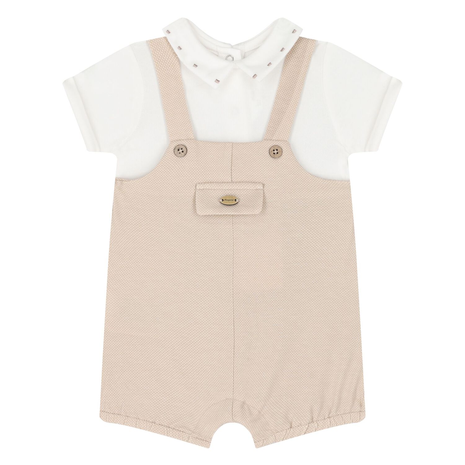 Baby Boys Beige & White Dungaree & Hat Set, 3, hi-res image number null