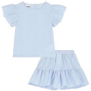 Girls Blue & White Striped Skirt Set