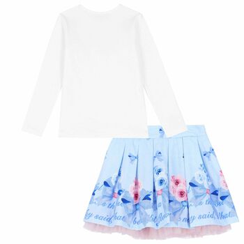 Girls White & Blue Floral Skirt Set