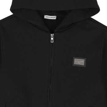 Black Logo Hooded Zip Up Top