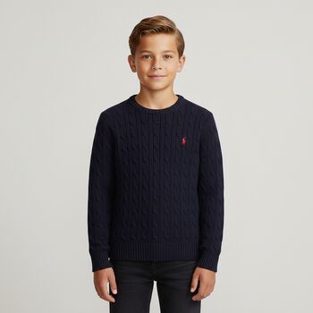 Navy Blue Logo Cable Knit Jumper