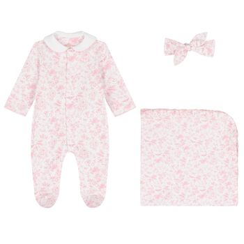 Baby Girls White & Pink Toile Babygrow Set