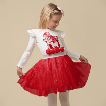 Girls White & Red Tulle Skirt Set