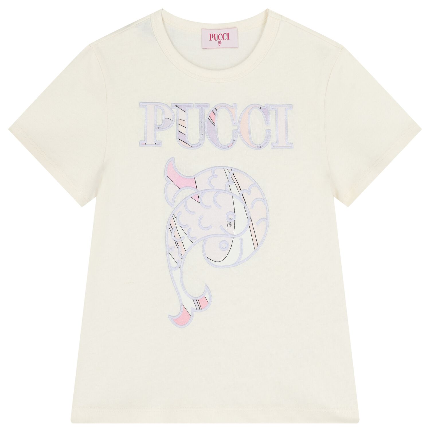 Girls Ivory Embroidered Logo T-Shirt, 2, hi-res