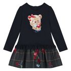 Girls Navy Blue Teddy Bear Dress, 1, hi-res