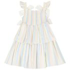 Girls Multicoloured Striped Bow Dress, 1, hi-res