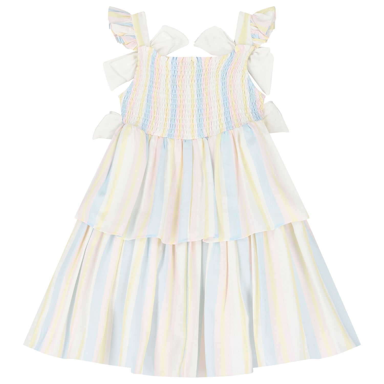 Girls Multicoloured Striped Bow Dress, 1, hi-res