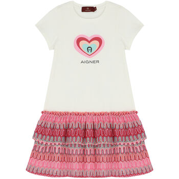 Girls Ivory & Pink Logo Dress