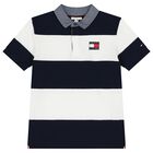 Boys Navy Blue & White Logo Striped Polo Shirt, 1, hi-res