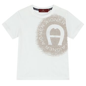 Younger Boys White & Beige Logo T-Shirt