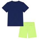 Boys Navy Blue & Green Logo Shorts Set, 1, hi-res