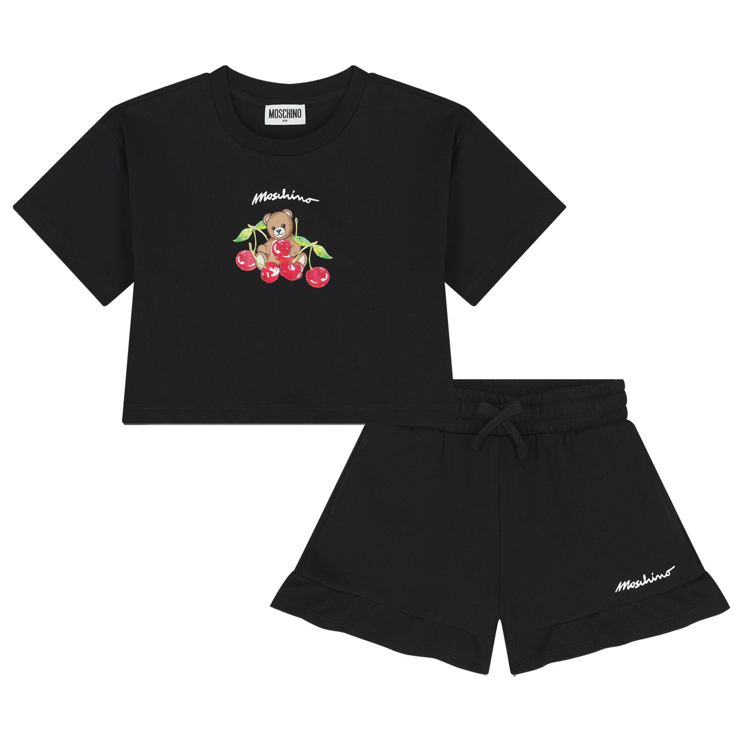Girls Black Teddy Bear Logo Shorts Set, 1, hi-res