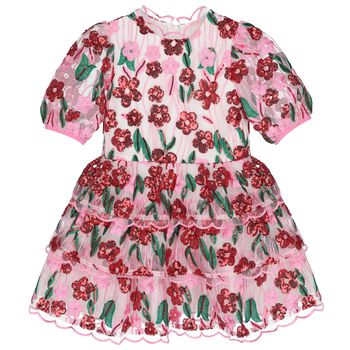 فستان تول مطرز بالترتر باللون الوردي والأحمر للبنات 