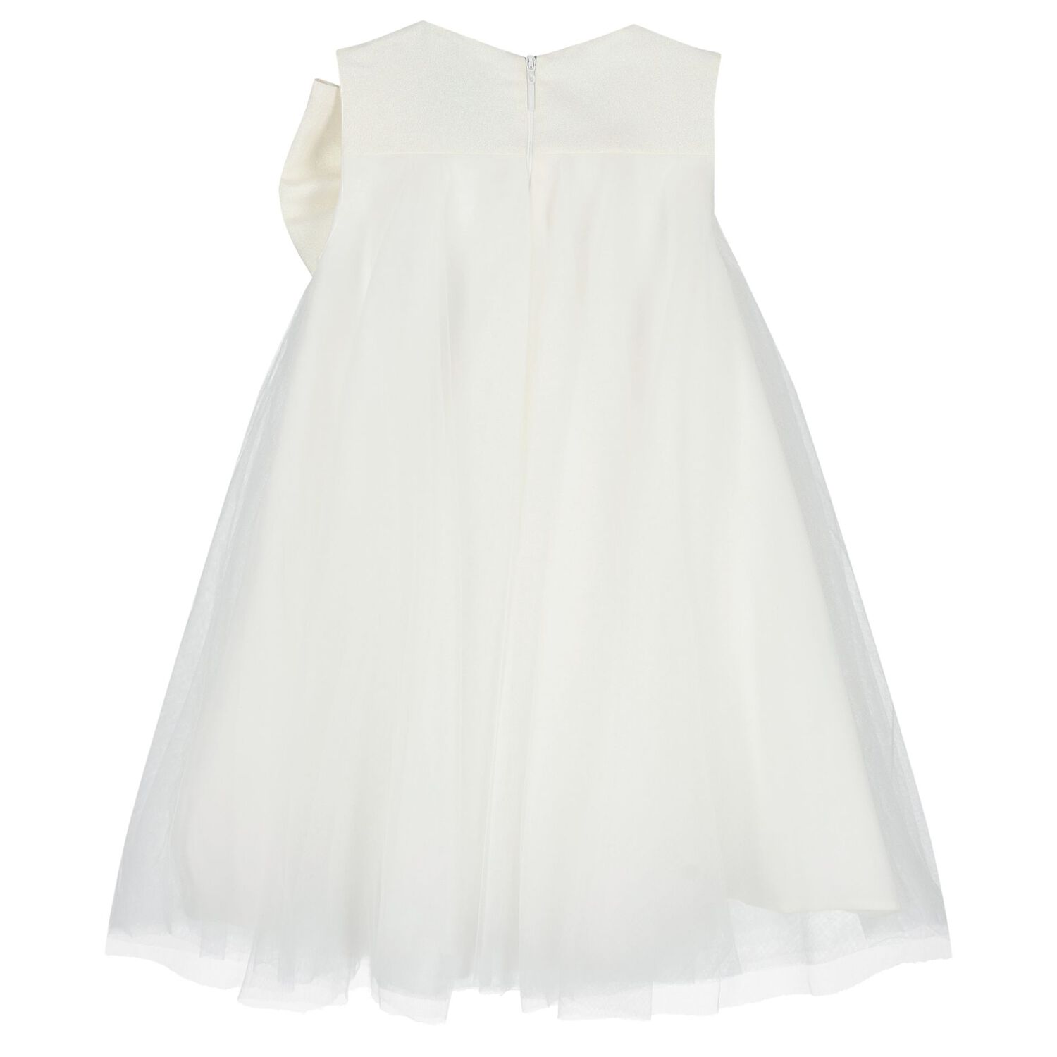 Girls White Glittery Bow Tulle Dress, 1, hi-res