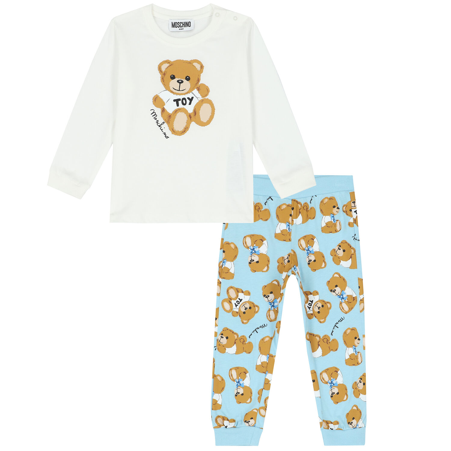 Ivory & Blue Teddy Logo Trousers Set, 1, hi-res