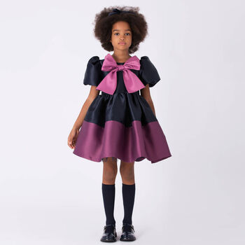 Girls Pink & Navy Blue Satin Bow Dress