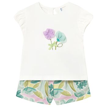 Younger Girls Ivory & Green Floral Shorts Set