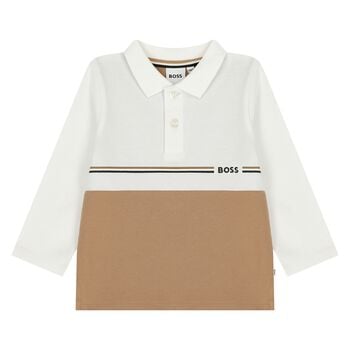 Younger Boys White & Beige Logo Polo Shirt