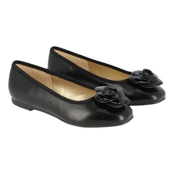 Girls Black Flower Leather Shoes
