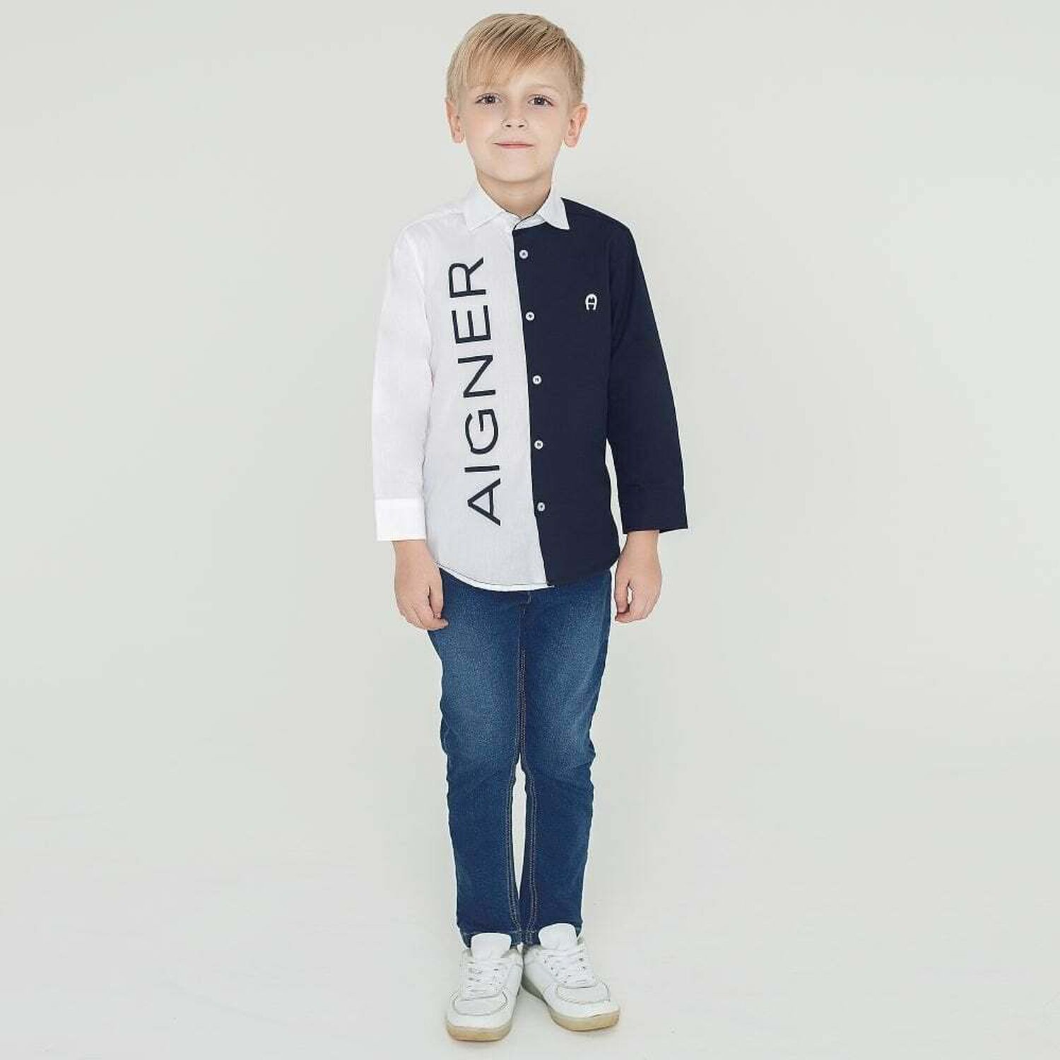 Boys White & Navy Logo Shirt, 1, hi-res image number null
