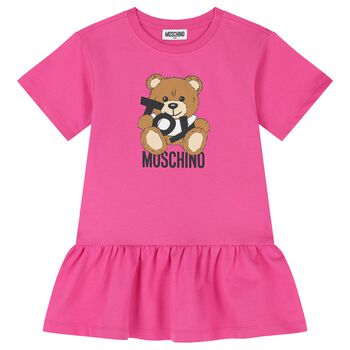 Girls Pink Teddy Bear Logo Dress