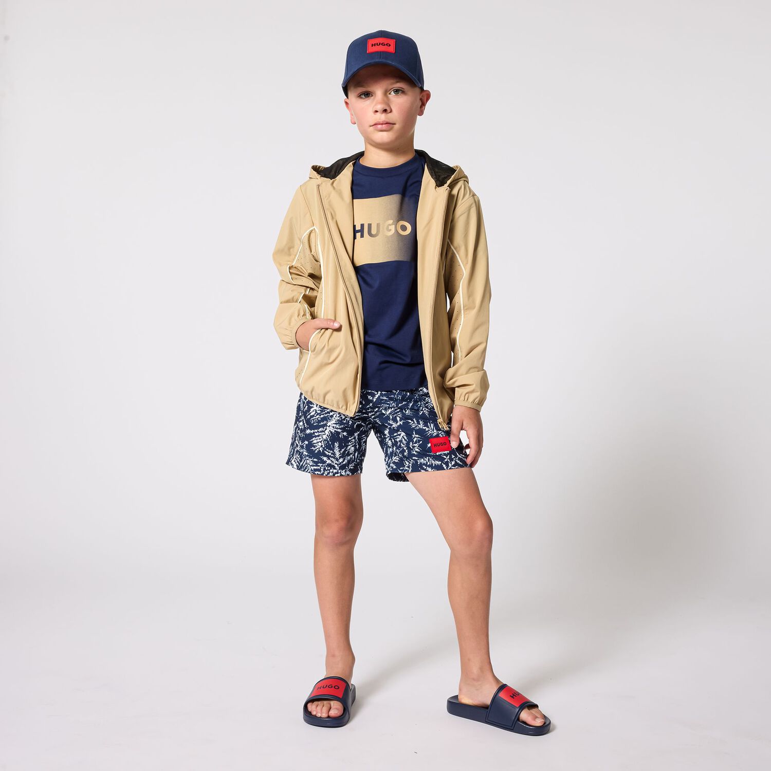 Boys Navy Blue Logo Swim Shorts, 1, hi-res