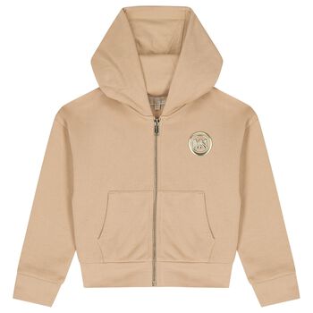 Girls Mini Me Beige Logo Hooded Zip Up Top