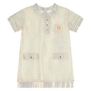Younger Girls Ivory & Gold Logo Dress