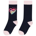 Girls Navy Blue & Pink Heart Socks, 1, hi-res