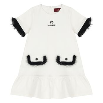 Younger Girls Ivory & Black Logo Dress 