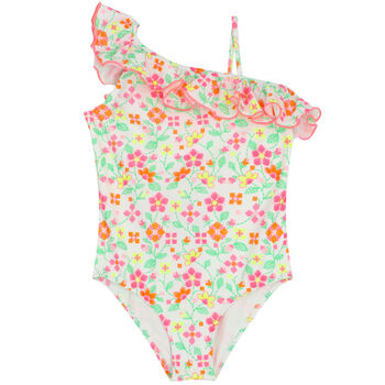 Girls White & Pink Floral Swimsuit