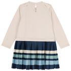 Girls Beige Striped Pleated Dress, 2, hi-res