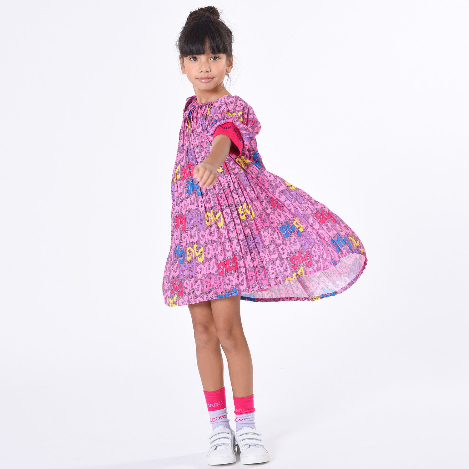 Girls Pink Pleated Logo Dress, 1, hi-res