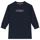 Girls Navy Blue Floral Logo Sweatshirt Dress, 1, hi-res