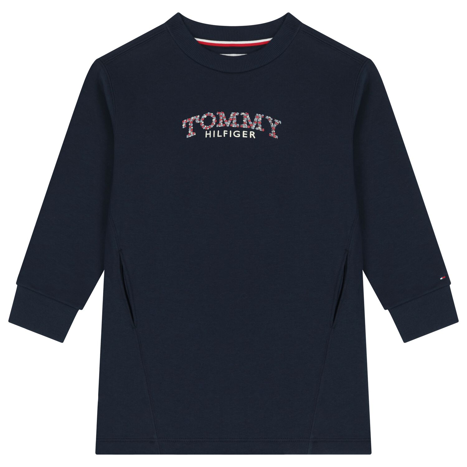 Girls Navy Blue Floral Logo Sweatshirt Dress, 1, hi-res