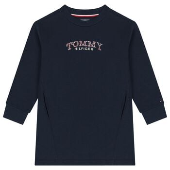Girls Navy Blue Floral Logo Sweatshirt Dress