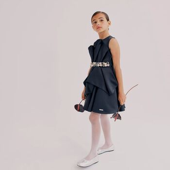 Girls Black Crystal Satin Ruffle Dress
