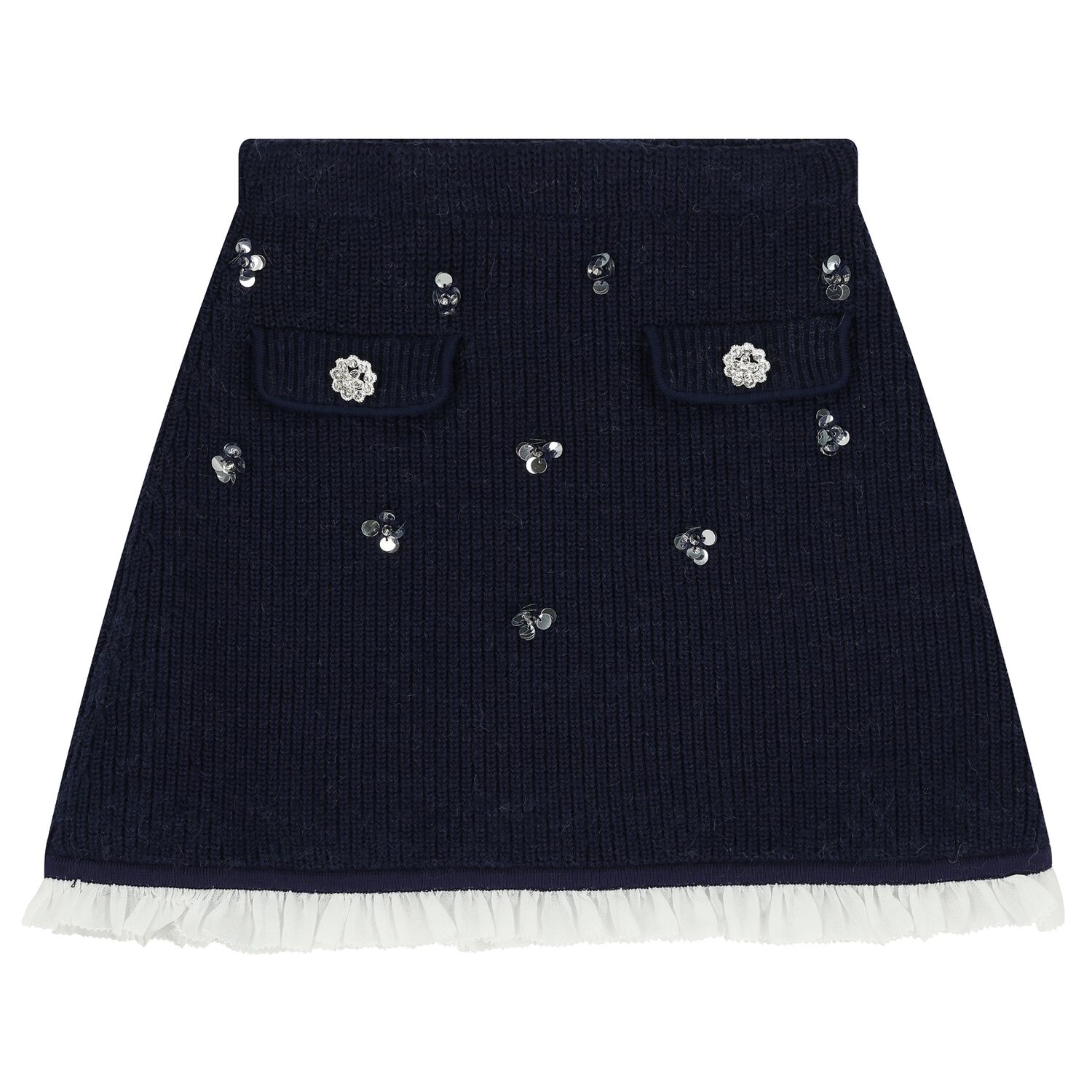 Girls Navy Blue Sequin Knitted Skirt, 1, hi-res