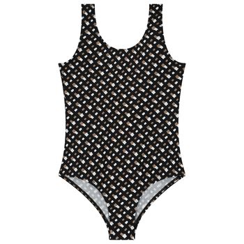 Girls Black, Beige & White Logo Swimsuit