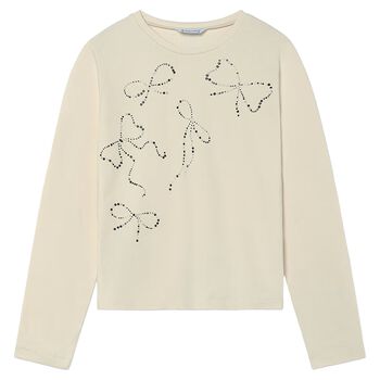 Girls Beige Embellished Long Sleeve Top