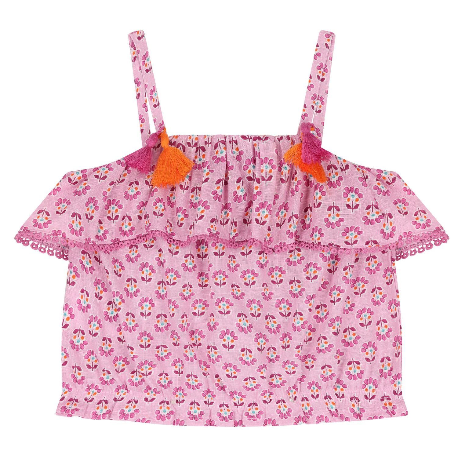Girls Pink Ruffled Flower Printed Top, 1, hi-res image number null