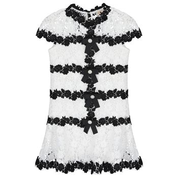 Girls White & Black Embroidered Floral Dress 